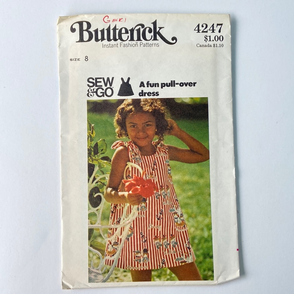 Vintage Sewing pattern. Girls pull-over dress. not marked. 1970’s for certain.